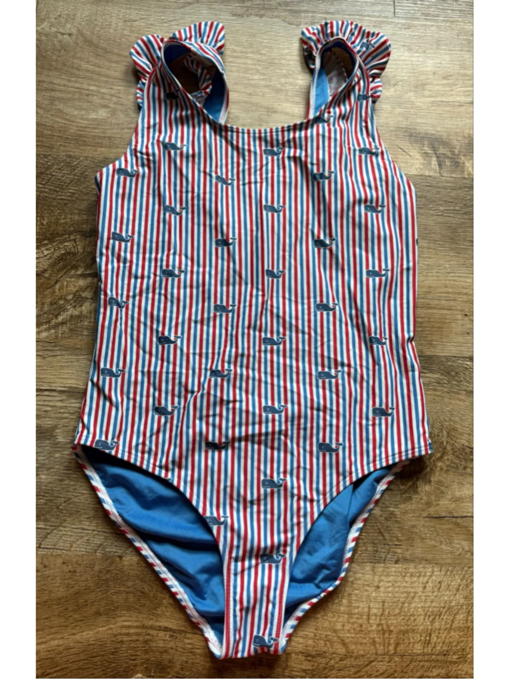 Vineyard Vines Girls Size L (14) Ruffle One-Piece Swimsuit Red White Blue Whale